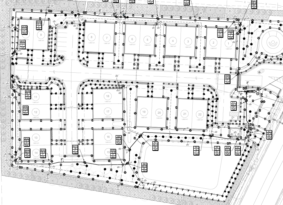 Irrigation plan excerpt showing zones, piping, and coverage.