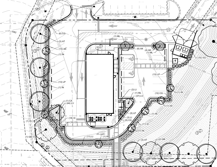 Planting layout coordinating trees, shrubs, and sod around a commercial building and parking area.