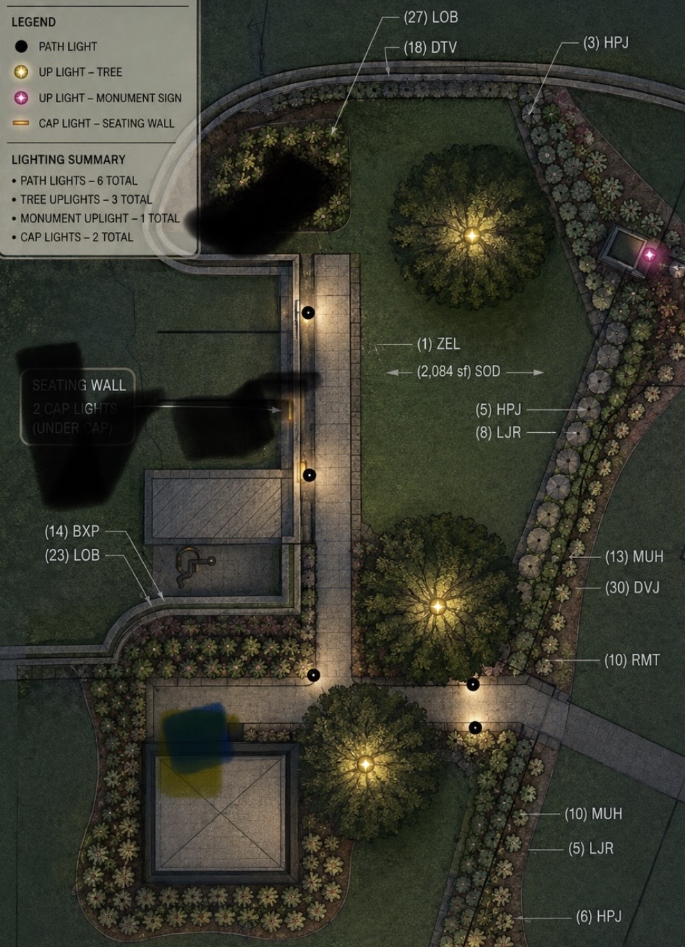 Lighting was not part of the original landscape plans. James saw the opportunity to highlight the neighborhood after dark and brought the idea to the general contractor. The GC asked Hammer to design it, send a mockup and proposal, and move forward. This lighting design markup shows how we help clients see the possibilities before installation.