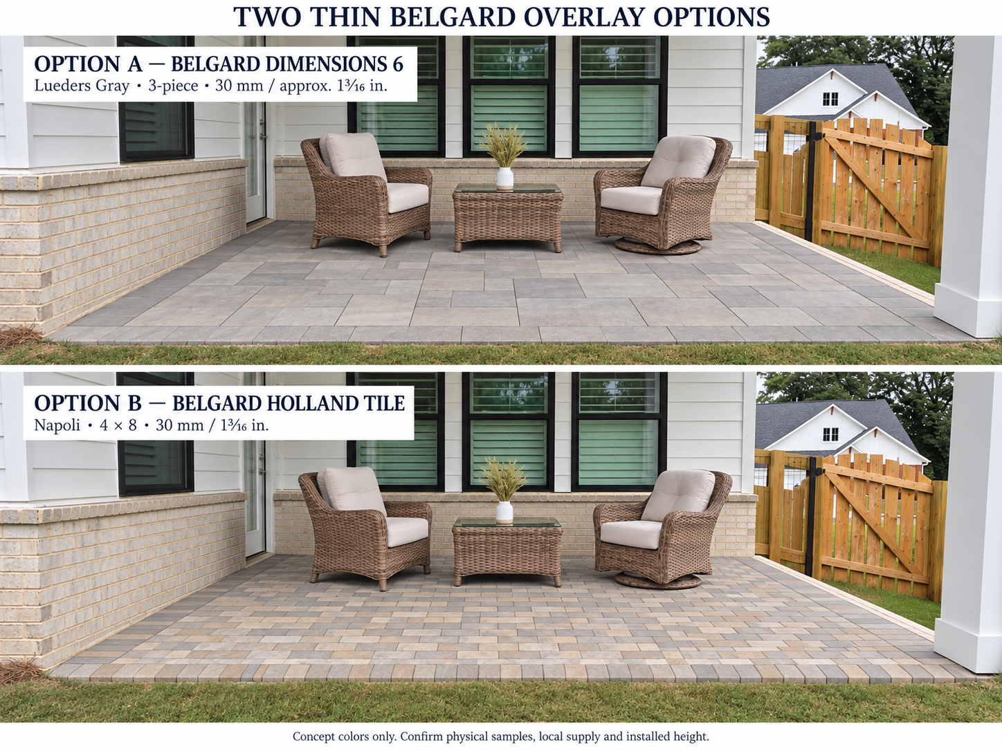 Patio mockups · Three-piece & 4×8 options