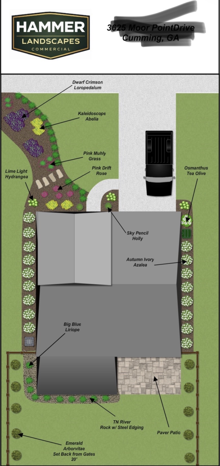 Hammer-branded landscape plan for Tom’s home showing the rear paver patio, privacy trees, and planting beds